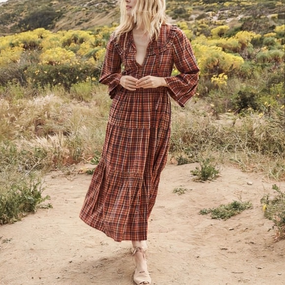 DOEN HONEY COTTON MIDI MAXI DRESS BLUE AUTUMN PLAID XS S - Picture 3 of 5